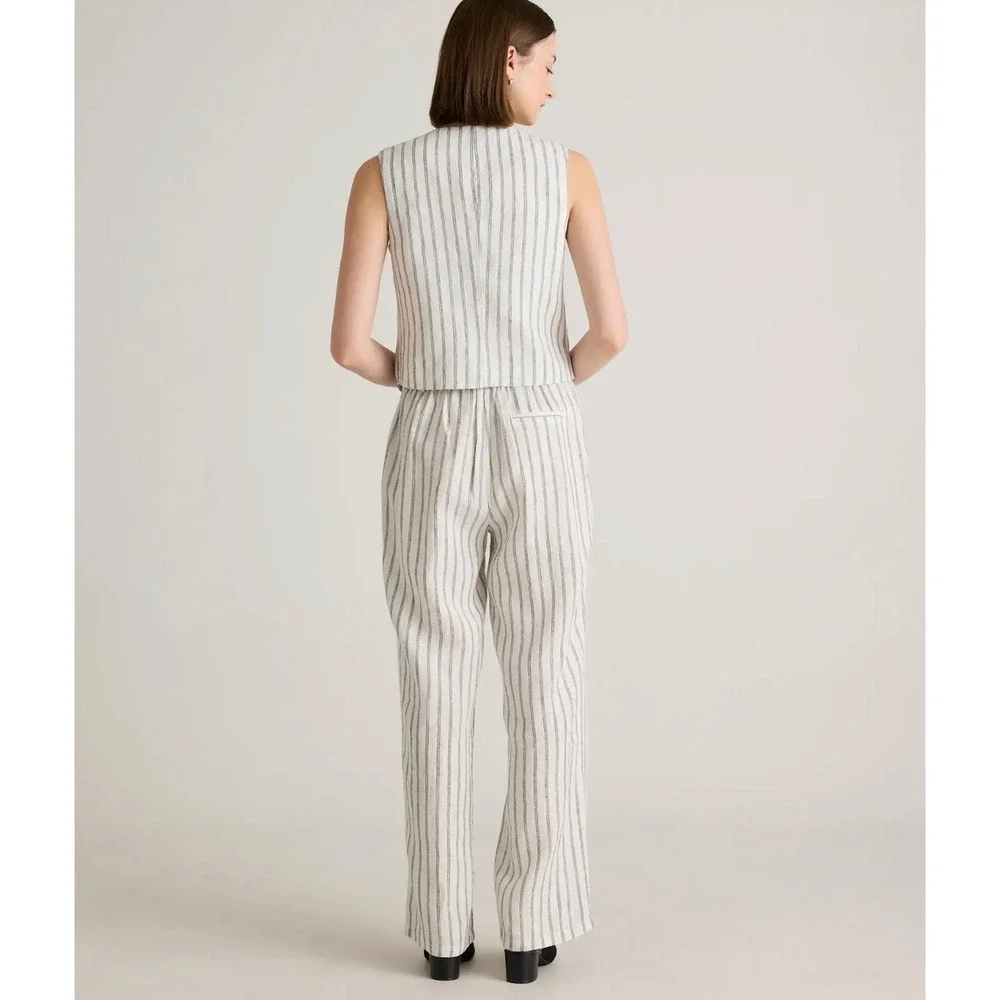 Quince Womens Sz 6 Oatmeal Black Striped 100% Linen Pleated Trouser Pants